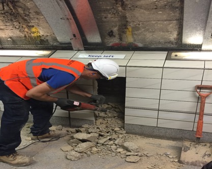 Delatim engineers carrying out construction works in the LU Passageway at Bank Station where the new entrance will be located